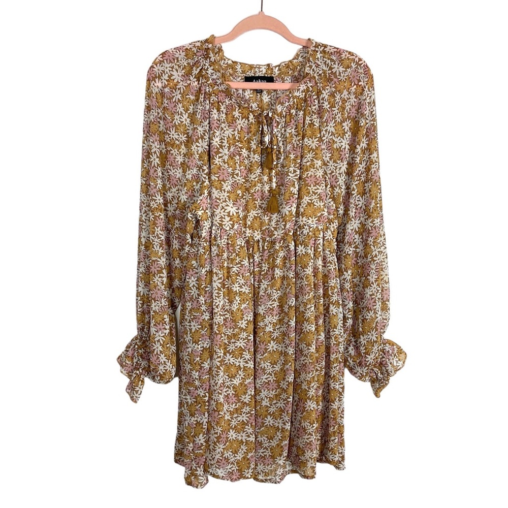 AAKAA MUSTARD FLORAL TASSEL FRONT TIE DRESS SIZE SMALL